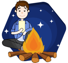 Boy learning English offline near a campfire